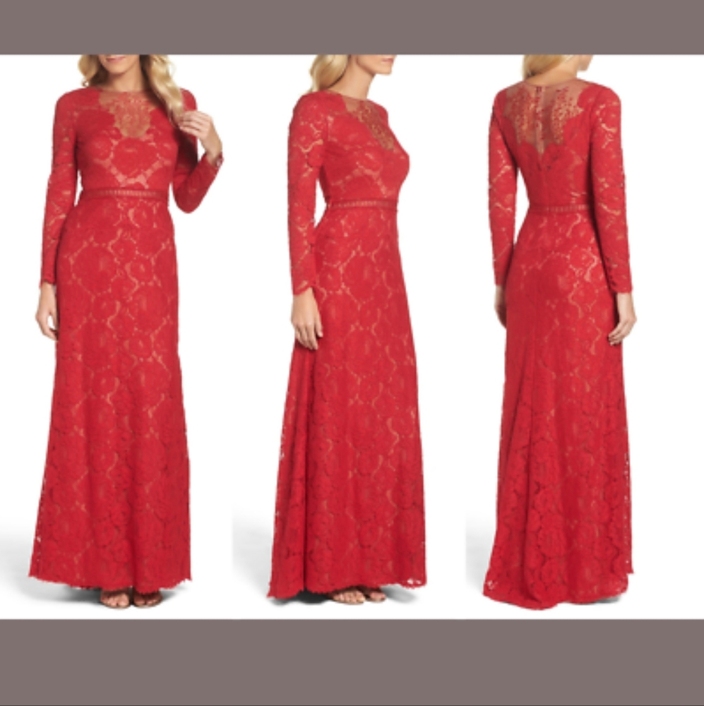 Tadashi Shoji Katherine Cordered Red Floral Lace Gown